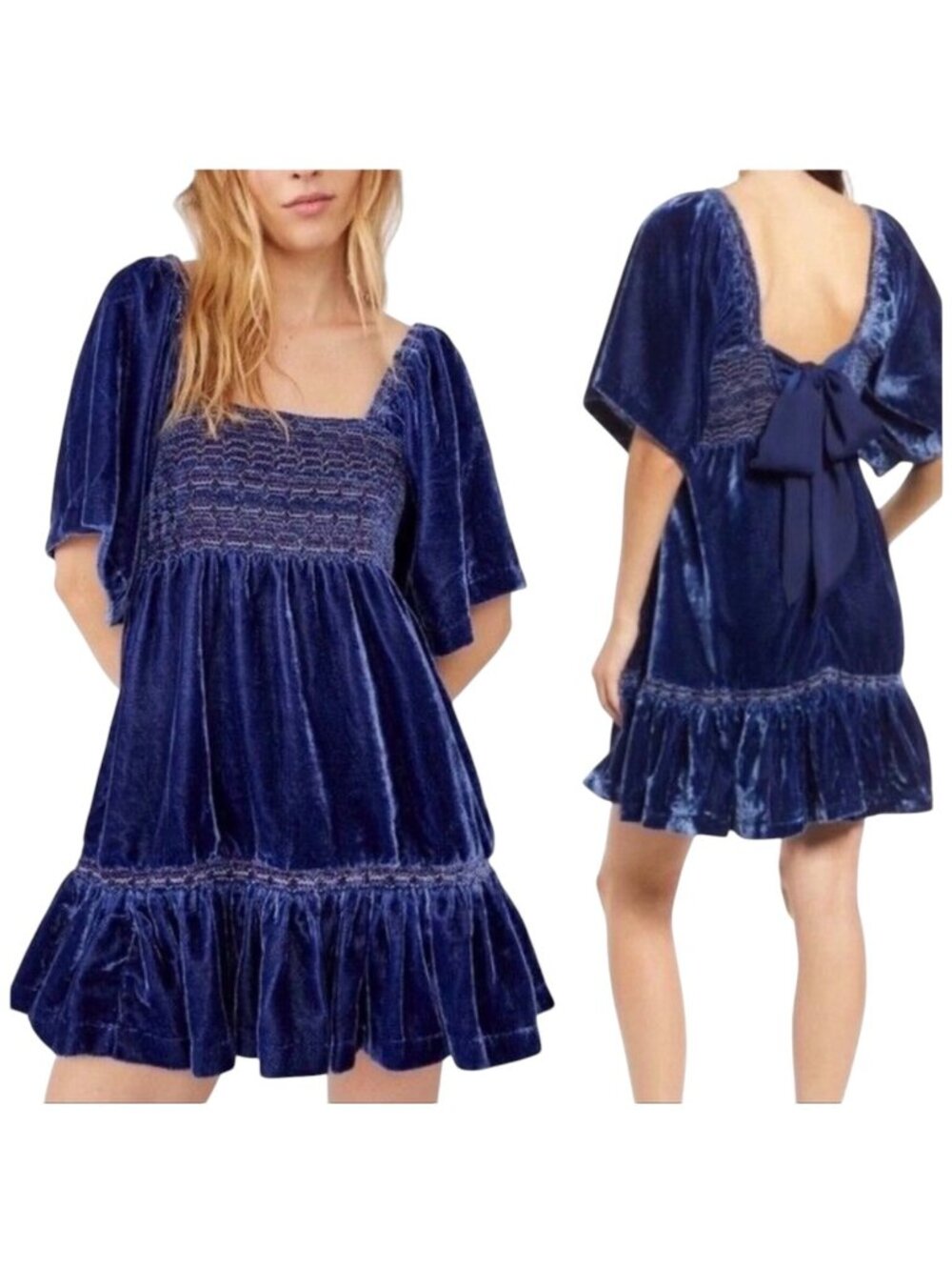 Free People Easy To Love Velvet Mini Dress Shaded Lake Blue Smock NWT Sz M $168